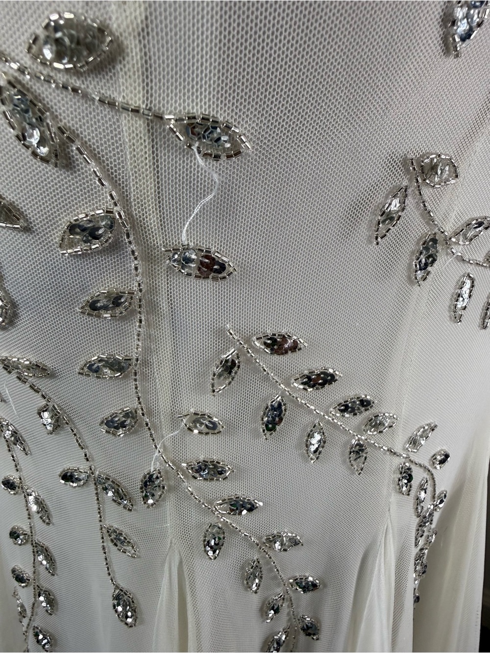 VINTAGE CACHE White Beaded Sequin Mesh Sweetheart Spaghetti Strap Maxi Dress - Picture 7 of 9